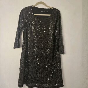 EDGE by Jen Rader Sz 14 Black Sequin Stretch Dress W/ Pockets Round Neck